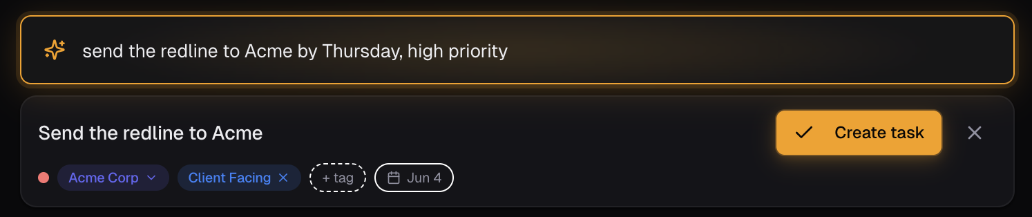 Type a follow-up in plain English and Senaro AI files it to the right account, due date, and tag instantly.